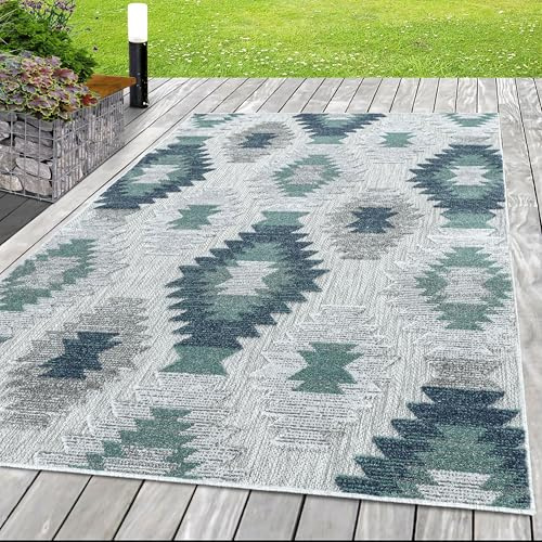 HomebyHome In & Outdoor Wetterfest 240x340 cm Blau, Zickzack Design 3D Effekt - Balkon Teppich Wasserfest, Kurzflor, Flachgewebt - Ideal für Küche, Garten, Camping und Terrasse