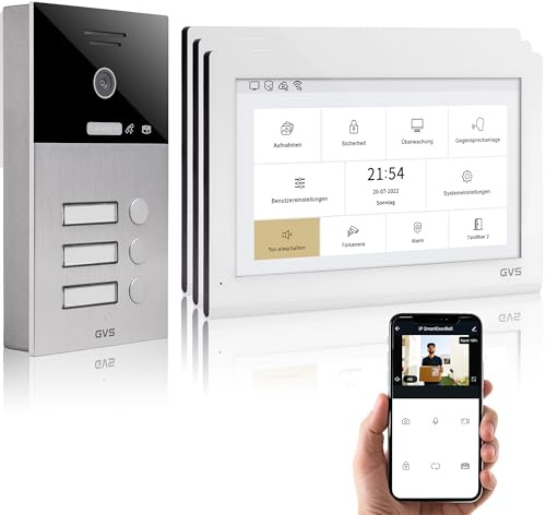 GVS - IP Video Türsprechanlage 3 Familienhaus mit Türöffner, HD Kamera, 3X 10 Zoll Monitor & App - Smarte Video Türklingel mit Kamera & Gegensprechanlage (AVS5416A)