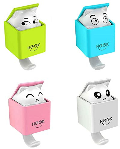 YUFANA 4 Stück Kinder Handtuchhaken Selbstklebend Haken, Wandhaken Klebehaken, Katzen Wasserfest Garderobenhaken für Kleiderbügel, Handtücher, Schals, Taschen, Hüte