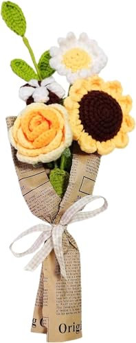 DRYFAL Finito lavoro a maglia uncinetto bouquet di fiori a mano uncinetto bouquet misto fatto a mano fai da te fiore lavorato a maglia rosa girasole margherita fiore artificiale per vaso decorazione