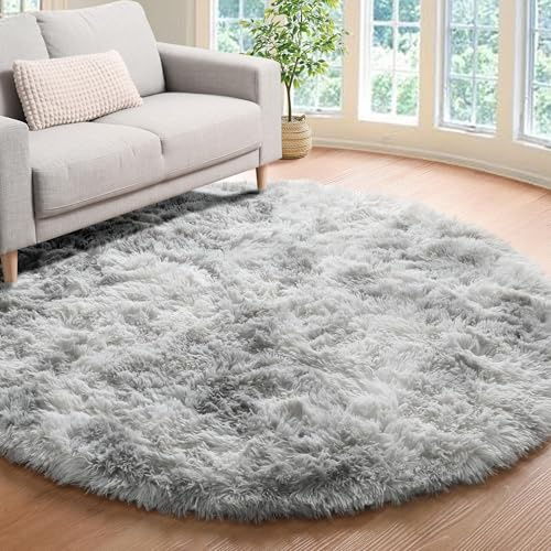 ROHATIM Teppich Rund 100 cm Hellgrau Waschbar Rutschfester Runder Hochflorteppich Wohnzimmer Kinderzimmer Schlafzimmer Flauschig