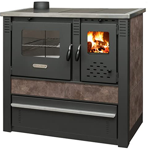 ProTermo Kaminofen Panonia in Mokka mit Abzug Links - 10,54 kW Heizleistung - 90x51x85 cm Holzofen mit Backfach, Thermometer und Herdplatte ohne selbstschließender Tür - Bauart 2
