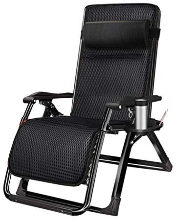 Balcony Office Relaxing Chair Black Heavy Duty Metal Reclining Garden Chairs with Cup Holders | Oversized Folding Portable Chair for Adult | Outdoor Patio Deck Chairs for Beach Cam