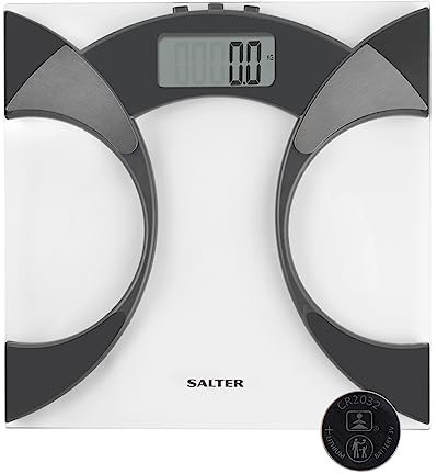 Salter Glass Analyser Bathroom Scale – Digital Bodyweight & Body Fat Scale, 160kg/25st, Athlete Mode, 4 User Memory, LCD Easy To Read Display, Step On Instant Readings, Includes Carpet Feet & Battery