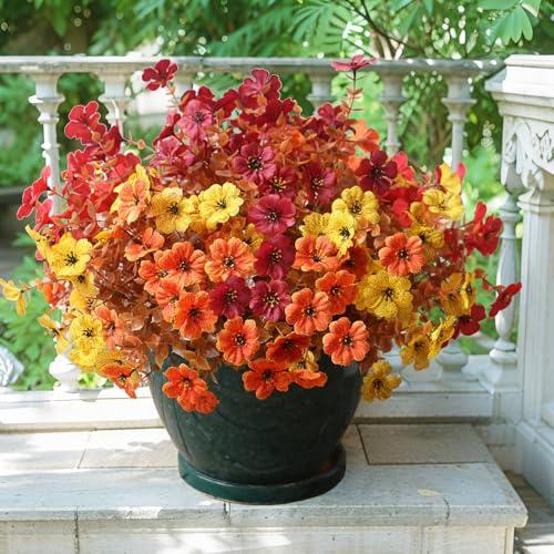 12 Bundles Autumn Artificial Flowers Plants for Fall Decor Outdoor Indoor, Yellow Orange Fake Silk Flowers Stems Floral Arrangement, UV Resistant, No Fade, Faux Greenery Mums for Pots Porch Garden