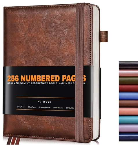 Lined Journal Notebook for Women Men, 256 Numbered Pages Hardcover Leather Journals for Writing, A5 Journaling Notebooks, College Ruled Journal for Business Work School Note Taking 5.75 x 8.38 Brown