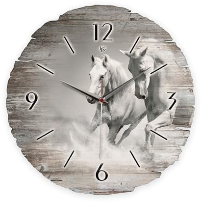 Kreative Feder Runde Wanduhr „Weiße Pferde“ aus Naturholz mit flüsterleisem Uhrwerk; Durchmesser 30cm (Weiße Pferde, leises Quarzuhrwerk)