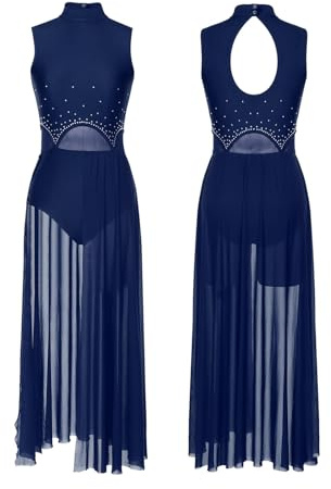 Frauen Lyrischer Tanz Kostümem Gymmatics Modernes, zeitgenössisches Ballett-Tanzkleid, lyrisches Ballett-Tanzkleid, glitzerndes Strass-Kleid, Eiskunstlauf-Kostüm Lyrische Tanzkostüme(Navy Blue B,L)