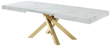 Vente-unique - Esstisch ausziehbar - 6 bis 10 Personen - MDF & Metall - Marmor-Optik Weiß & Goldfarben - CATONAV