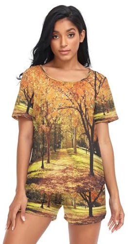 Damen Schlafanzug-Set Herbst Baum Sommer Pyjama Woman Set,Wald Baum Loungewear und Shorts Lounge Set Sleepwear Nachtwäsche