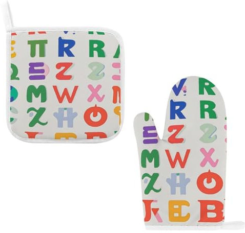 Ofenhandschuhe für Damen, Topflappen, Grill, hitzebeständige Handschuhe, englische Buchstaben, Topflappen, rutschfeste Kochhandschuhe für Küche, Backen, Kochen, Grillen (2 Stück)
