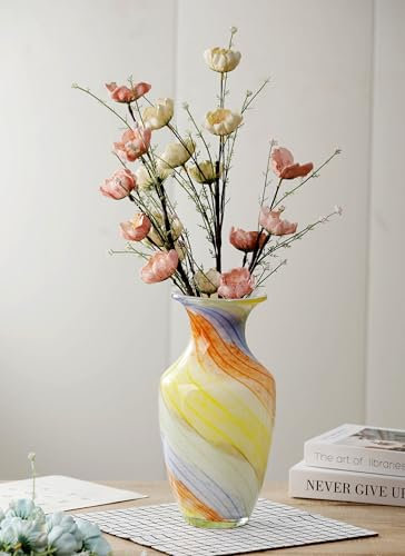 Magcolor Mundgeblasene ovale Glasvase im Murano-Stil im Regenbogen-Stil, 30 cm hoch, breite Öffnung, bunte Glasvase für Kaminsims, Esstisch, Tafelaufsatz, Eingangsbereich, Wohnzimmer,