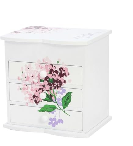 TOTIKI Schmuckschatulle Schmuckkästchen Aus Holz Für Mädchen Mit 3 Ausziehbaren Schubladen Und Schmuckkästchen Mit Transparentem Glasfenster, Hortensien-Print Schmuckaufbewahrung