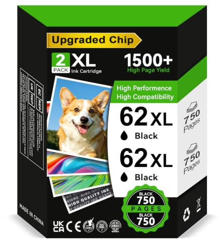 ECOINKO 62 XL Schwarz - 1500+ Seiten, Kompatibel für Originale HP 62 Druckerpatronen Schwarz, 62XL für HP Officejet 200 200c 250 250C 258 Envy 5540 5541 5542 5543 5640 5642 (2er-Pack)