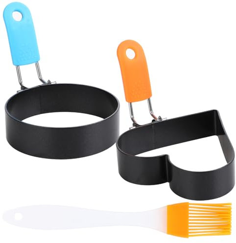 Egg Rings for Frying Stainless Steel Fried Egg Ring Non Stick Egg Frying Rings Fried Egg Mould with Anti-Scald Folding Handle with Oil Brush for Egg Frying Shaping Pancakes Mini Burger 2 Pcs