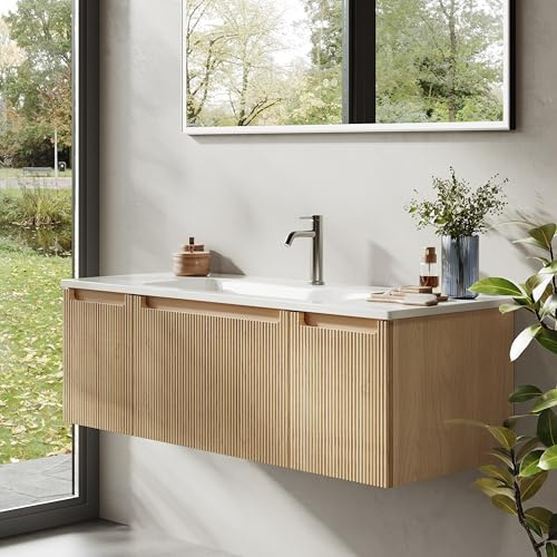 BRIDGE BENO 120 cm Wandwaschtisch Mit Mineralharzspüle, Schublade Und Tür, Ultradünn, Soft-Close, Gerippter Akzent, Geeignet Für Große Badezimmer, Golden Sand