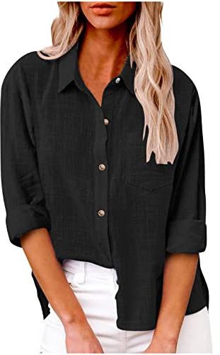 Chemise Lin Femme été Haut Chic et ÉLéGant Coton Lin T-Shirt Manche Longue Col en V Chemisiers et Blouses Tunique Tops avec Boutons DéContractéS Ample Couleur Unie Blouse Vetement Soldes 2025