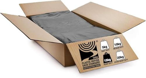 Bag Market | 200 x Black Refuse Sacks Bin Bags CHSA - Heavy Duty 15KG | Made in the UK from recycled plastic. 200-pack for household and commercial waste with tear and puncture resistance.