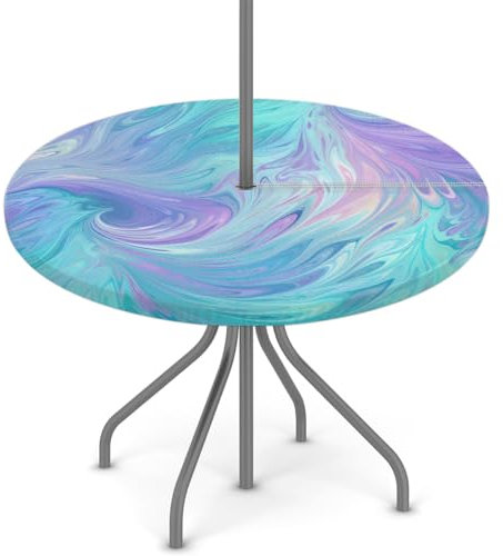 Mexpekil Tovaglia rotonda blu viola liquido con foro per ombrellone e cerniera, lavabile, con bordo elastico, impermeabile, protezione per tavolo da patio (adatta per tavoli da 91 a 111 cm)