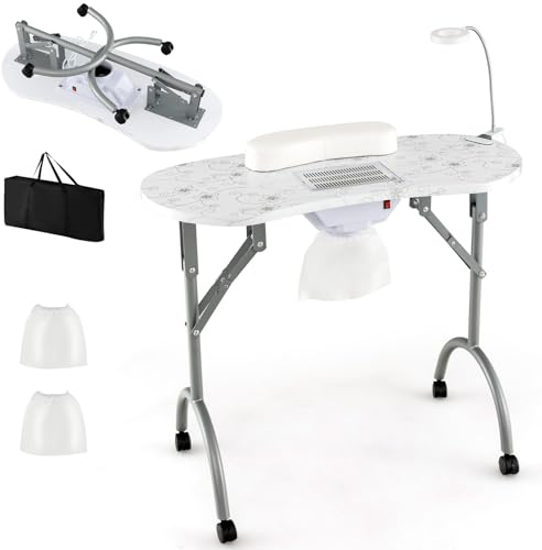 HOMASIS Tavolo Manicure con Aspiratore, Tavolo per Unghie Pieghevole con Luci di Led Regolabile, 3 Sacchetti, Cuscino e Borsa di Stoccaggio, Scrivania Estetista con 4 Ruote, 90 x 43 x 73 cm (Bianco)