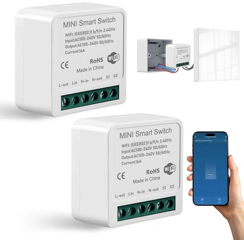 2 Pack Smart Lichtschalter Modul 1 Weg, Smart Life Kompatibel, Smart Lichtschalter Mini Module DIY, Smart Schalter, Wlan Schalter, Smart Switch Kompatibe mit Tuya, Alexa Echo, Google Home