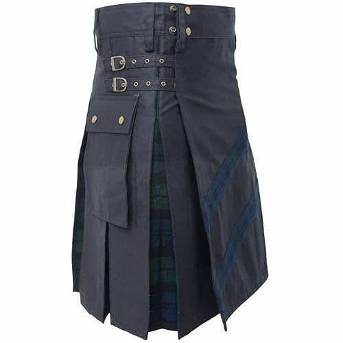 Kilt utilitaire pour homme – Kilt utilitaire traditionnel écossais moderne hybride – Kilt utilitaire en coton noir avec sangle réglable pour homme, montre noire, Belly Button - 40 Inches