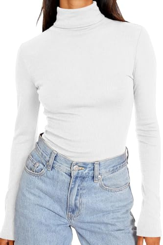 DUOEASE Chemise Femme Elegant Automne Hiver Decontracte T Shirt Blanc Basiques Slim Fit Manches Longues Pulls Femme L