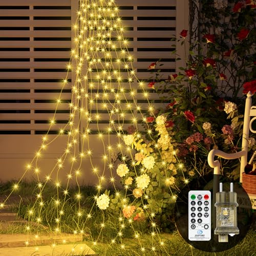 YIFMOO 2M 200LED Lichterschweif mit Strom, 8 Modi Lichterbündel mit Timer, Wasserfall Lichterkette mit Fernbedienung, LED Weihnachtsbeleuchtung für Weihnachten Balkon Garten Innen Außen Deko, Warmweiß