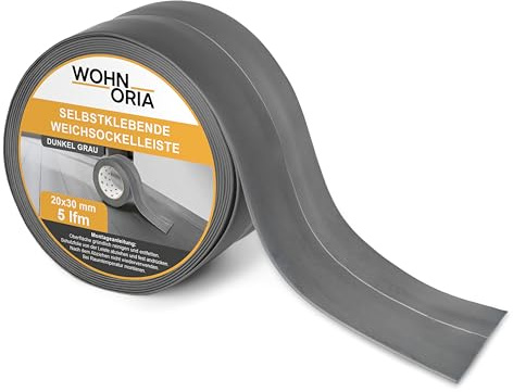 WOHNORIA Weichsockelleiste Selbstklebend 5m 20x30 mm | Farbe: DUNKEL GRAU | Flexible Abschlussleiste für Küche, Arbeitsplatte, Wand & Boden | Sockelleisten | Kantenschutz | Wandabschlussleiste