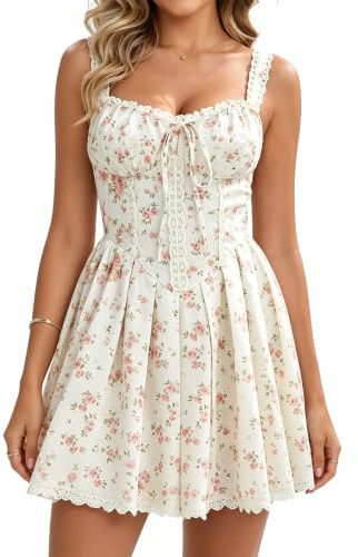 Fengbay Floral Corset Mini Dress for Women Square Neck Strappy Sundress | Skin-Friendly Polyester Material;Romantic Floral Pattern;Ruffle Detail;Versatile Summer Mini Dress