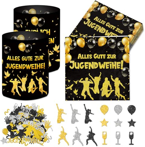20 Stück Servietten Jugendweihe + 12 Stück Windlicht + 120 Konfetti, Jugendweihe Deko Mädchen Junge, Tischdeko Schwarz Gold Party Deko Geschenke Gastgeschenk, Servietten 33x33cm