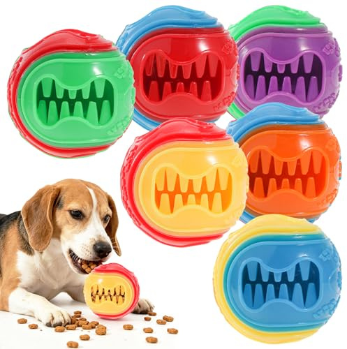 QKURT 6 Balle Jouet Chien pour Cacher Friandises, Chien Balle Caoutchouc Robuste à Mâcher，D'entraînement Interactif Distribution de Nourriture Jouet Balle,Ennui, Nettoyage des Dents, entraînement