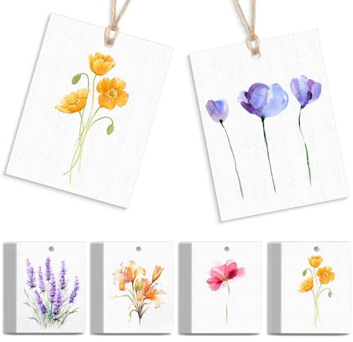 50 PCS Etichette Regalo, Etichette Regalo Vuote Floreali con 10M Spago in Juta, Etichette in Carta Set, Fiori Cartoncini per Bomboniere, Personalizzabile DIY, per Matrimoni, Lettere, Natale