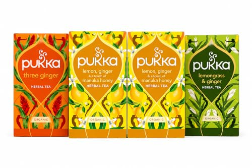 Pukka Selezione di Tisane allo Zenzero x4, Lemon, Ginger & Manuka Honey x2, Lemongrass, Three Ginger, 80 Filtri Totali, Tisane Biologiche Senza Caffeina