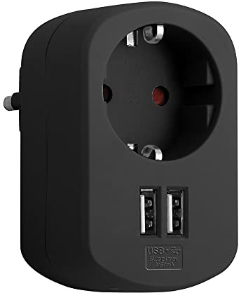 SIMON - Adaptador Combi, Adaptador de Viaje con Toma Schuko 16A y 2 Enchufes USB, Adaptador Corriente de Carga de Pared, Ladrón USB, Color Negro