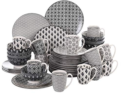 vancasso Haruka Porcelain Dinner Set for 12, Japanese Style Crockery Black White Dinnerware Tableware, 48 Pieces Dinner Service with Dinner Plates, Dessert Plates, Cereal Bowls and Mug