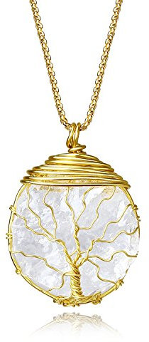 COAI Collier Long Pendentif Arbre de Vie Cristal de Roche Brut Chaîne Acier Inoxydable Femme