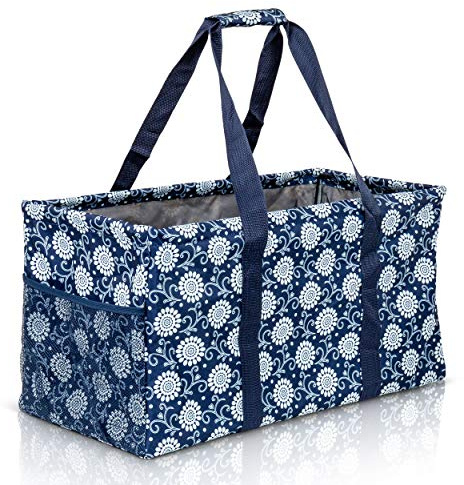 Lucazzi Extra Large Utility Tote Bag - Oversized Collapsible Reusable Wire Frame Rectangular Canvas Basket With Two Exterior Pockets For Beach, Pool, Laundry, Car Trunk, Storage - Navy Sunflower