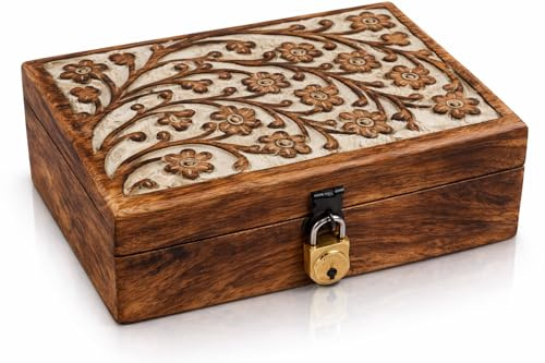 Tolle Geschenkideen zum Geburtstag, handgefertigt, dekorative Schmuckschatulle Holz mit Schloss und Schlüssel, Schmuck-Organizer, Aufbewahrungsbox, Schatztruhe, Schmuckhalter, Aufbewahrung (White)