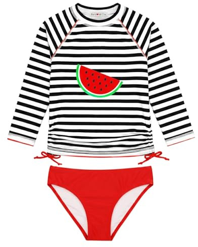 weVSwe Flicka baddräkt UPF 50+ skydd långärmad tvådelad rosettknut badmode Rash Guard volanger sällsynta summanschetter, Röda vattenmelon, 5-6 År