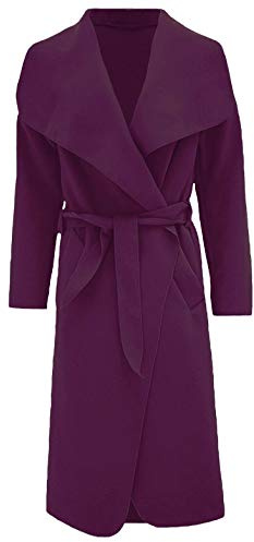 FAIRY TRENDZ LTD Womens Ladies Italian Trench Long Coat Waterfall Duster Cape Belted Cardigan Winter Wear Jacket Wrap Coat Purple UK 12-14