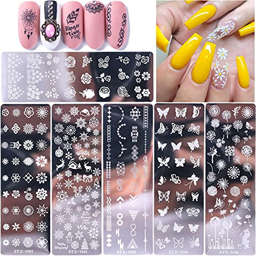 Nail Art Tools, 6 piezas de estampador de uñas, plantilla de manicura, retro europeo y americano, duradero, flores, copos de nieve, mariposas, diente de león, utilizado para decoración de uñas