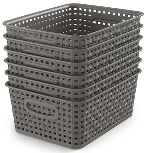 WYT Weave Storage Organizer Baskets, Grey 6-Pack Plastic Woven Baskets, 10.1 x 7.55 x 4.1
