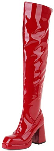 MJIASIAWA Femmes Fête Cuissarde Mode Talons Chunky Plateforme Warm Cuir Verni Prom Boots Robe Hiver Soirée Bottes De Cheval Fermeture Éclair Rouge Taille 45 EU/47 Asiatique
