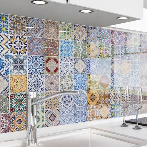 danario Küchenrückwand selbstklebend - Glasoptik - Spritzschutz Küche - versteifte PET Folie - 0,8 mm - Mosaikfliesen bunt - 60cm x 280cm