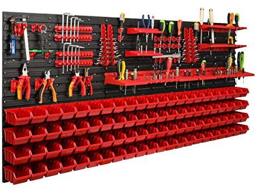 Lagersystem Werkstattregal | 172 x 78 cm | 88 stck. Box | Wandregal mit Werkzeughalterungen und Stapelboxen - Wandplatten Extra Starke Schüttenregal Warkzeuglochwand Lagerregal Garage Regal