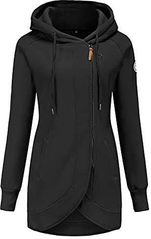 ELFIN Damen Lange Kapuzenpullover Zipper Hoodie Herbst Winter Pulli Sweatjacke mit Reißverschluss, Schwarz, XXL