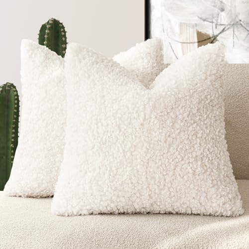 Foindtower 2 Fundas de cojín de Piel sintética de Sherpa, Fundas de Almohada Suaves de Piel de Oveja Decorativa de Forro Polar para Cama, sofá, Sala de Estar, 18 x 18 Pulgadas, Color Blanco