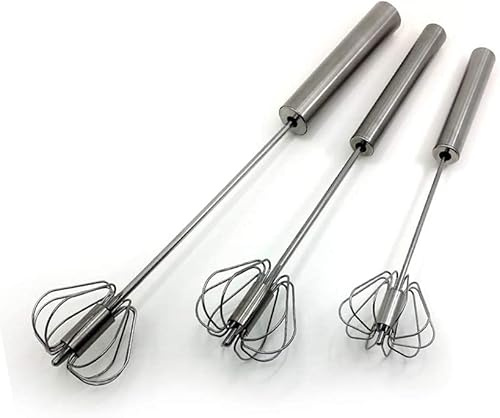 Fnoko Stainless Steel Semi-automatic Egg Whisk - 3PCS Hand Push Rotary Whisk Blender, 8in,10in,12in, Silver-8IN-10IN-12IN