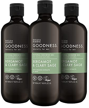 Baylis & Harding Goodness Men's Bergamot & Clary Sage Natural Shower Gel, 500 ml (Pack Of 3) - Vegan Friendly